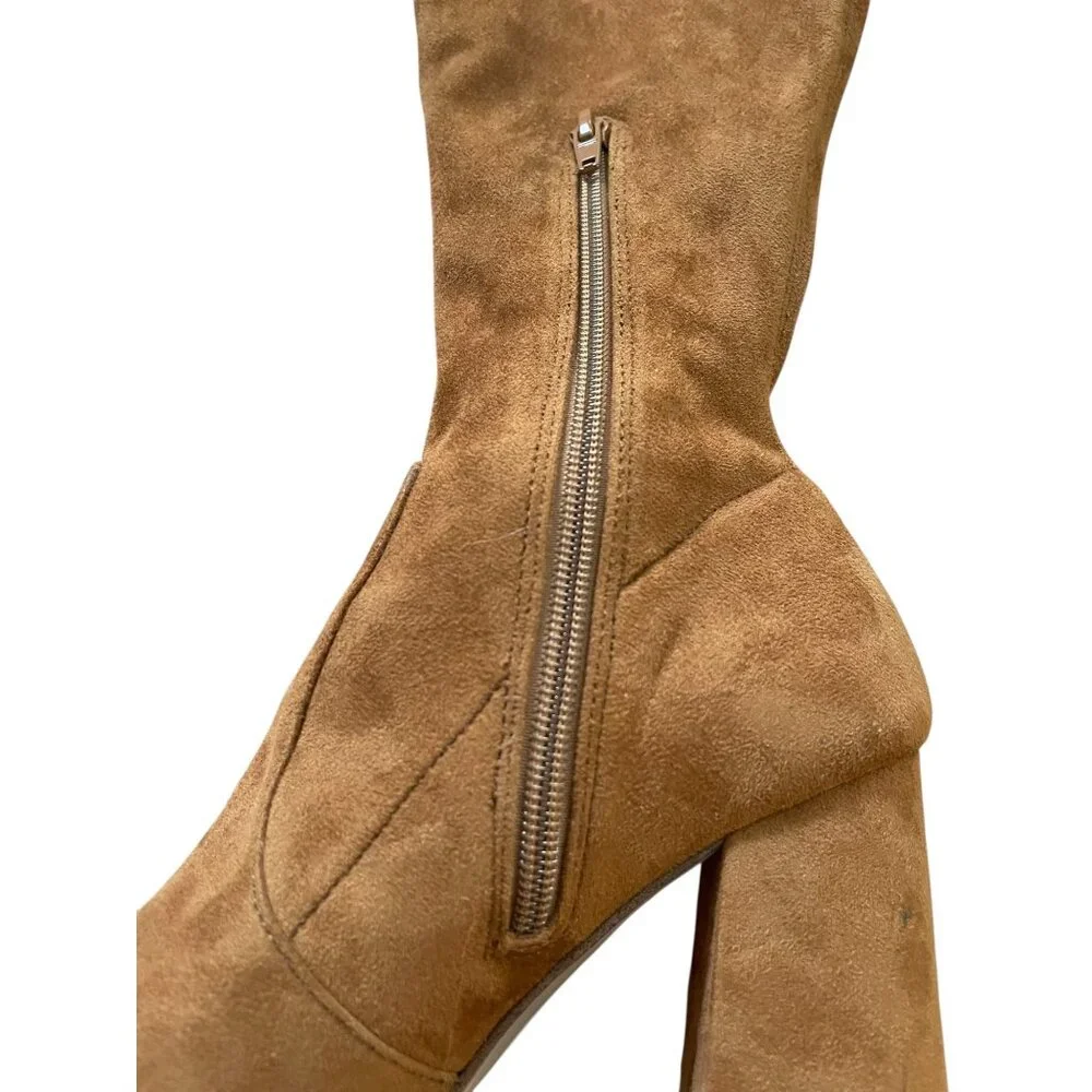 Steve Madden Tan Faux Suede Knee-High Boots 6.5M Pointed Toe Block Heel Side Zip